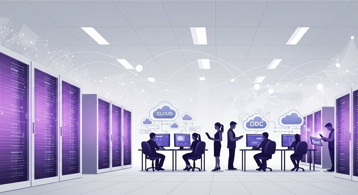 A team working next to server infrastructure