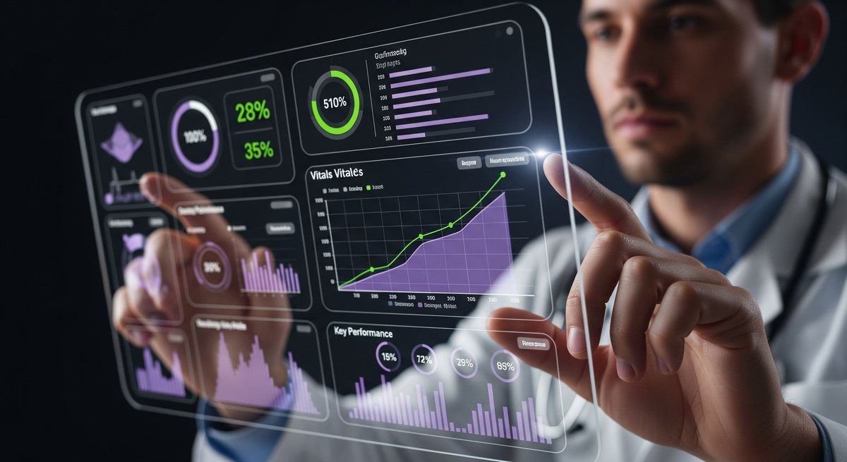 A clinician reviewing AI analytics in a regulated setting